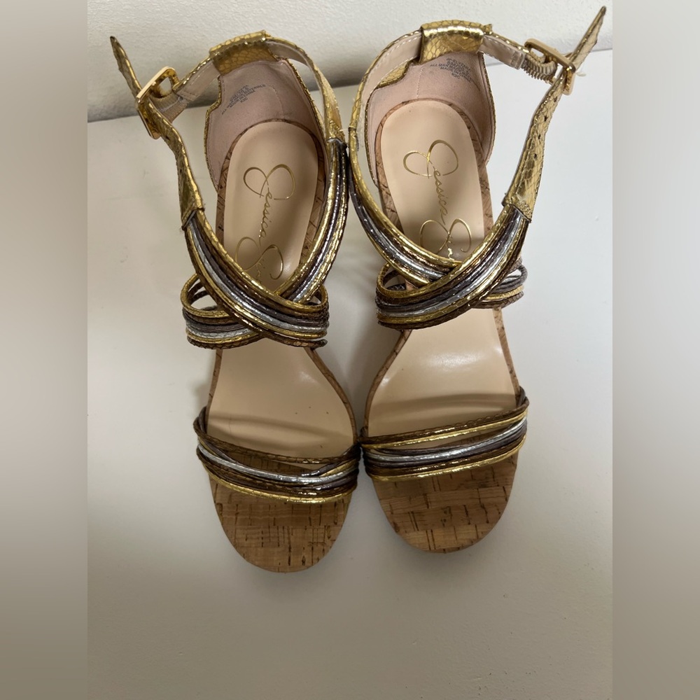 Jessica Simpson Gold and Brown Platform Sandals